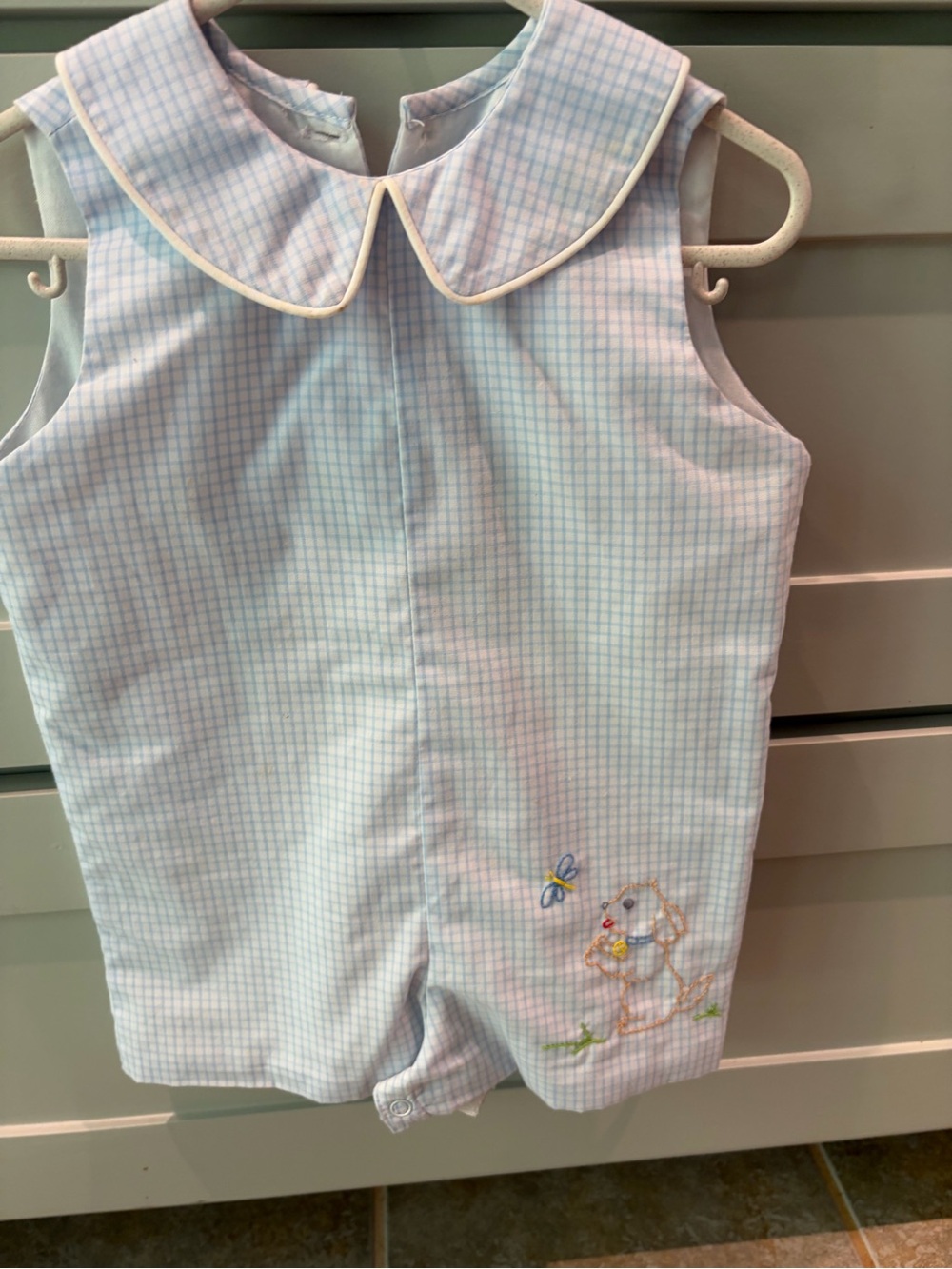 Light Blue Checked Baby Romper with Peter Pan Collar